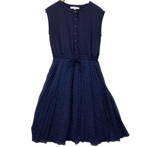 LOFT Sleeveless Midi Dress Womens 4 Navy Blue Pleated Geometric Mixed - Media